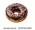 Chocolate garnish Donut. Frosted Chocolate Donut, Chocolate Drizzled Donut, Chocolates donut close-up on a white background. Colorful Chocolate Covered Donuts with colorful Sprinkles A Delicious Treat