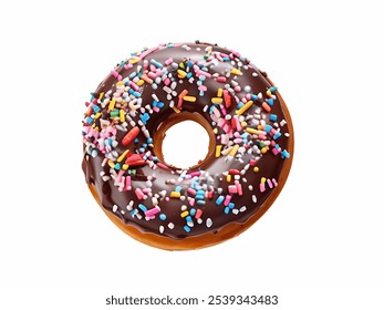 Chocolate garnish Donut. Frosted Chocolate Donut, Chocolate Drizzled Donut, Chocolates donut close-up on a white background. Colorful Chocolate Covered Donuts with colorful Sprinkles A Delicious Treat - Powered by Shutterstock