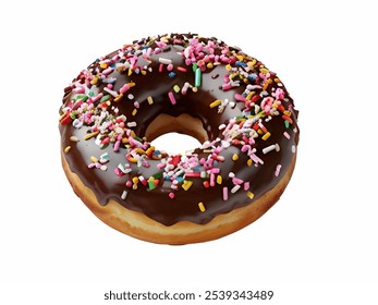 Chocolate garnish Donut. Frosted Chocolate Donut, Chocolate Drizzled Donut, Chocolates donut close-up on a white background. Colorful Chocolate Covered Donuts with colorful Sprinkles A Delicious Treat - Powered by Shutterstock