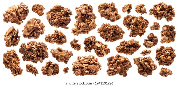 Chocolate granola, crunchy muesli isolated on white background with clipping path, macro collection