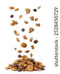 Chocolate granola falling on a pile close-up on a white background. Isolated