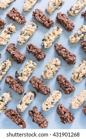 Chocolate And Granola Healthy Snacks, Flat Lay Overhead Pattern