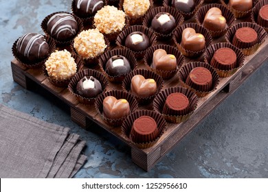 Chocolate handmade candies, pralines and truffles in assortment. 