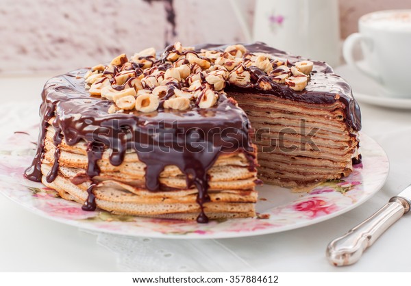 Chocolate Hazelnut Crepe Cake Maslenitsa Stock Photo 357884612