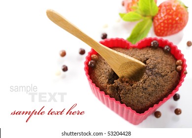 Chocolate Heart Shape Muffin In Red Silicone Mold, Fresh Strawberry  And Mint (with Sample Text)