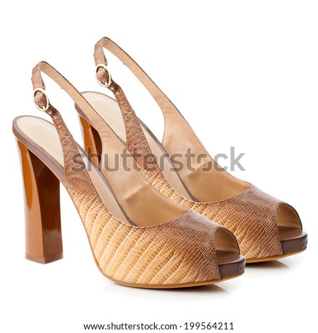 Chocolate high heel women shoe isolated on white background.
