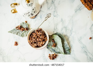 Chocolate Homemade Granola With Peanut Butter And Pear, Healthy Breakfast, Top View