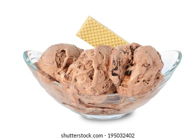 Chocolate ice cream in bowl  isolated on white.