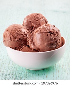 Chocolate ice cream in a bowl on blue wooden table