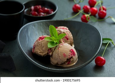 Chocolate Ice Cream With Cherry. Selective Focus