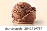 Chocolate Ice Cream: A freshly scooped, spherical ball of rich brown chocolate ice cream, with a creamy texture, melting slightly at the base for a tempting look.