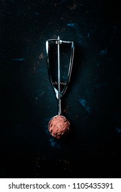 Chocolate Ice Cream In Metal Spoon For Ice Cream, Dark Background, Top View