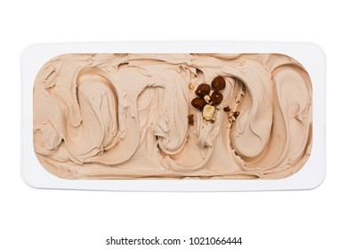 Chocolate Ice Cream With Nuts In A Plastic Container