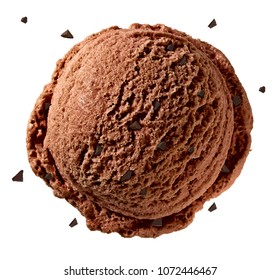 Chocolate Ice Cream Scoop With Broken Chocolates Or Chips From Top Or Top View Isolated On White Background.