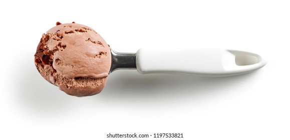 Chocolate Ice Cream Scoop Isolated On White Background, Top View