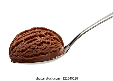 Chocolate Ice Cream Scoop In Spoon Isolated On White Background