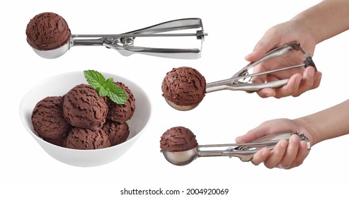 Chocolate Ice Cream In Spoon For Scoop Isolated On White Background