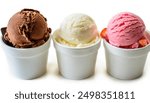 Chocolate ice cream, strawberry ice cream, vanilla ice cream aka Neapolitan single scoop in small plain white bowl isolated on white background.