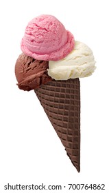 Chocolate ice cream / strawberry ice cream / vanilla ice cream scoop with cone on white background - Shutterstock ID 700764862