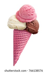 Chocolate ice cream / strawberry ice cream / vanilla ice cream scoop with cone on white background - Shutterstock ID 766138576