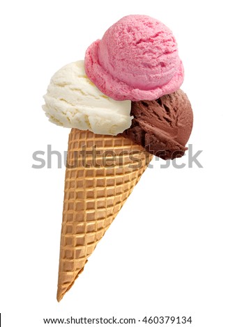 Chocolate ice cream / strawberry ice cream / vanilla ice cream scoop with cone isolated on white background.