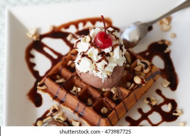 Chocolate Ice Cream Sundae On Waffle Iclose-up Around By Chocolate Sauce
