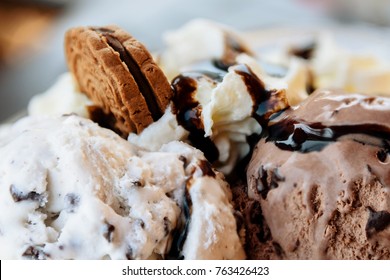Chocolate Ice Cream Sundae With Sauce And Cookie Close-Up