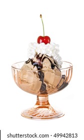 Chocolate Ice Cream Sundae With Whipped Cream And Fresh Bing Cherry