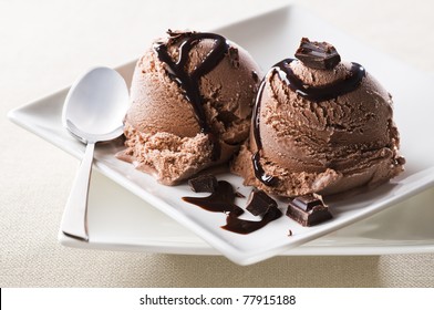 Chocolate Ice Cream With Syrup Close Up