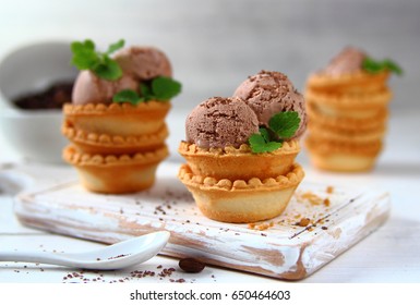 Chocolate Ice Cream  In A Waffle Cup  With Mint