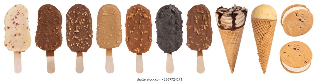 Chocolate ice creams with icing of different colors. A big set of ice cream of different types, flavors on a white isolated background. - Powered by Shutterstock