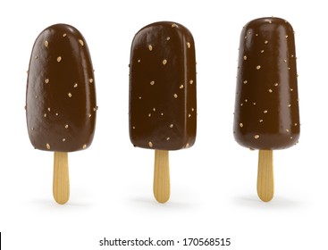 Chocolate ice-cream with nut on stick 3d illustration. Isolated on white background. Clipping path included