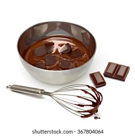 Chocolate Immersed Whisk And Bowl On White Background