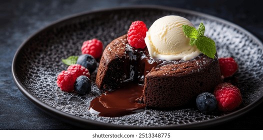 Chocolate Lava Cake with Ice Cream and Berries - Powered by Shutterstock