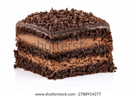 Chocolate Layer Cake featuring chocolate cake square, layered dessert, chocolate sponge, isolated on white background in clean studio food photography.