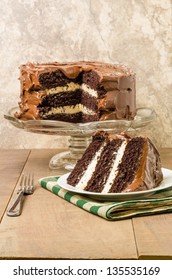 A Chocolate Layer Cake On Glass Pedestal With Plate And Fork