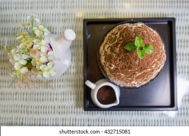 Chocolate Malt Sprinkle With Milky Snowflake Ice Served With Cup Of  Hot Chocolate  And Chocolate Milk Shake, Top View