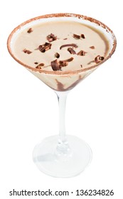 Chocolate Martini Isolated On A White Background With Chocolate Swirl And Cocoa Powder On The Rim