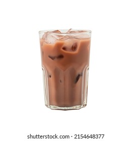 Chocolate Milk With Iced Cube In Glass Isolated On White Background With Clipping Path