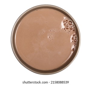 Chocolate milk puddle in porcelain bowl with bubbles isolated on white, top view  - Shutterstock ID 2158088539