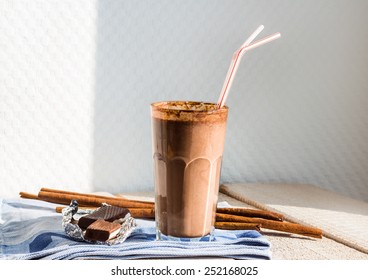 Chocolate Milk Smoothie With Banana, Peanut Butter And Cinnamon, Breakfast