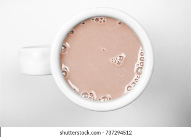 Chocolate Milk In White Glass From Above. Top View. Milk For Health.