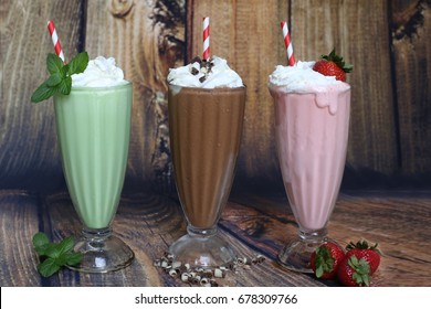 Chocolate, Mint And Strawberry Ice Cream Shakes