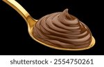 Chocolate mousse cream in gold spoon isolated on black background