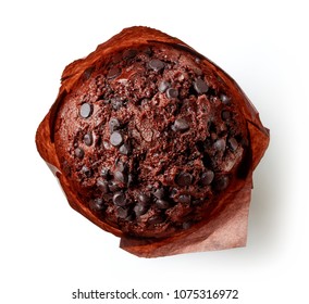 Chocolate Muffin In Brown Paper Isolated On White Background, Top View