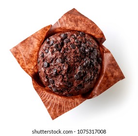 Chocolate Muffin In Brown Paper Isolated On White Background, Top View