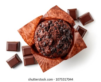 Chocolate Muffin In Brown Paper Isolated On White Background, Top View