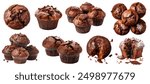 Chocolate muffin muffins with chocolate chip isolated. Many assorted different design angles. Mockup template for artwork	