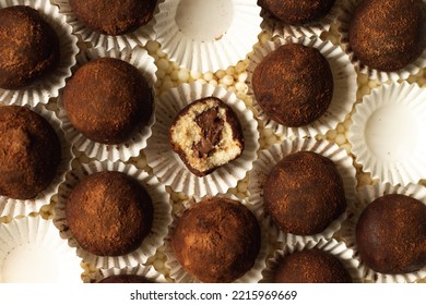 Chocolate No Bake Tiramisu Truffles In Paper Cups With Cocoa Powder And Nutella Filling 