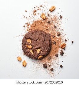 Chocolate and nuts cookies. Crispy chip biscuits with chocolate and nuts. Top view. - Shutterstock ID 2072302010